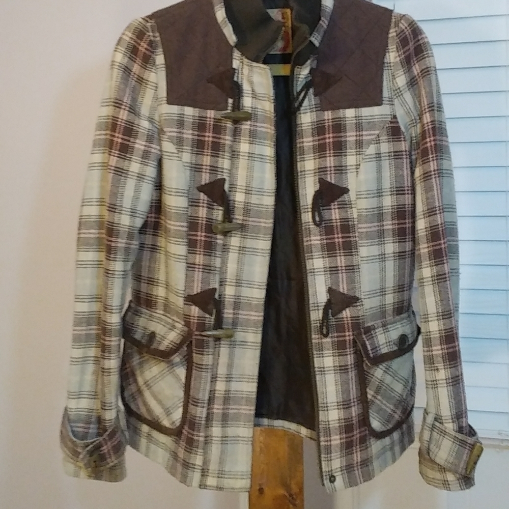 Billabong Wool Blend Brown Pink Plaid Pea Coat Jacket Size S Quilt Lined Pockets - Picture 2 of 9